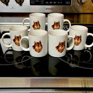 Set Of 6 Tienshan Stoneware Wolf Coyote Coffee Tea Cup Mugs